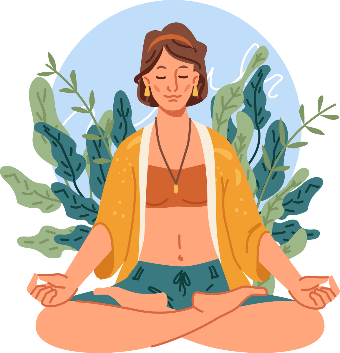 Calm woman meditate in lotus pose, stress control