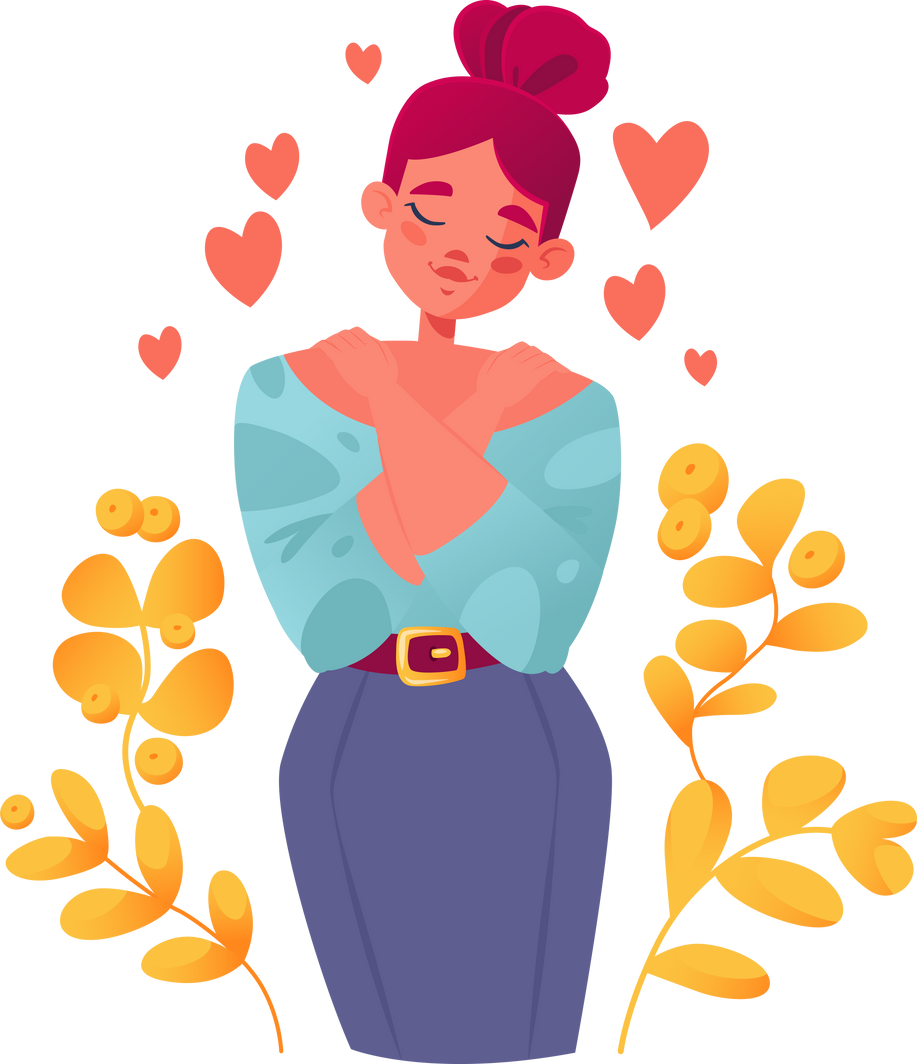 Concept of psychology and self-love. Self-help techniques for increased emotionality or stress. Young girl hugging herself, arms around herself, arms crosswise. Self-care, love and self respect.